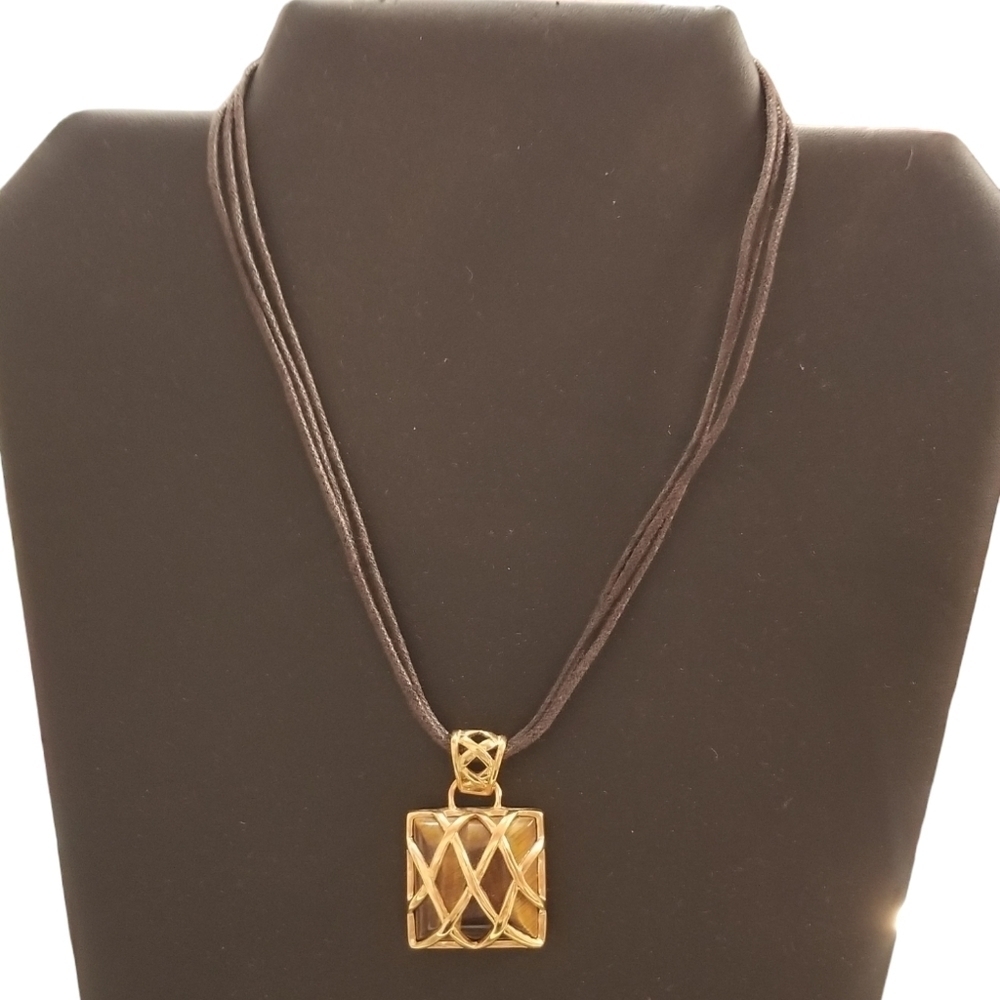 Vintage RMN Roman Tiger’s Eye Lattice Pendant Cord Necklace